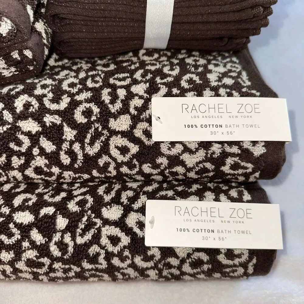 Rachel Zoe Bath Towel Set Dark Brown Tan Cheetah Leopard Pattern Reversible NWT